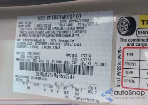 2006 Lincoln Zephyr z USA, uszkodzony, nr VIN 3LNHM26196R658147